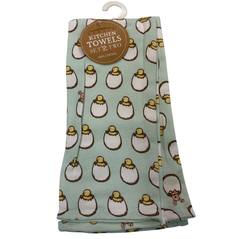Domain Kitchen Towels Mint Green Easter Chicks Eggs Cotton Dish Cloths Set of 2